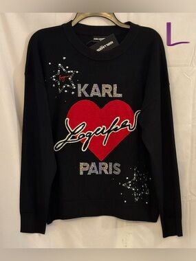 Karl Lagerfeld Black Sweater with Red Heart and Crystal Logo
